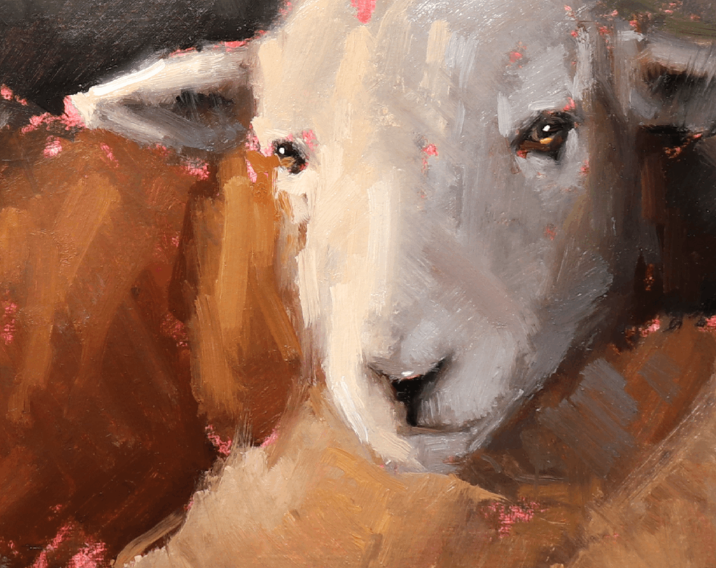 An expressive oil painting of a sheep's head in close-up, featuring textured brushstrokes in cream, brown, black, and touches of pink around the eyes and ears.