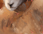 An abstract close-up painting with expressive brushstrokes in warm brown, tan, beige, and gray, with small pink accents.