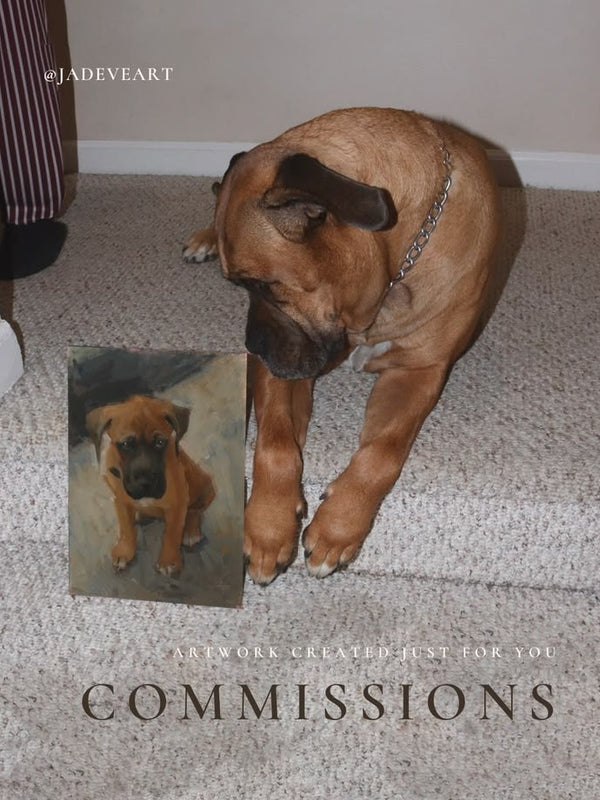 Dog standing next to a painting of a puppy with text about commissions.