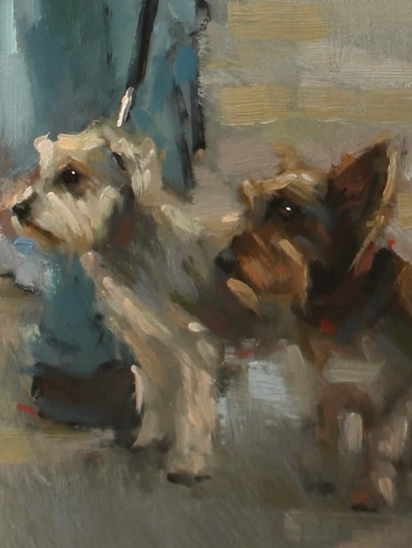 Two dogs on a leash in an urban setting with a textured background