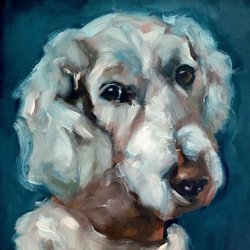 Painting of a dog's face with a blue background