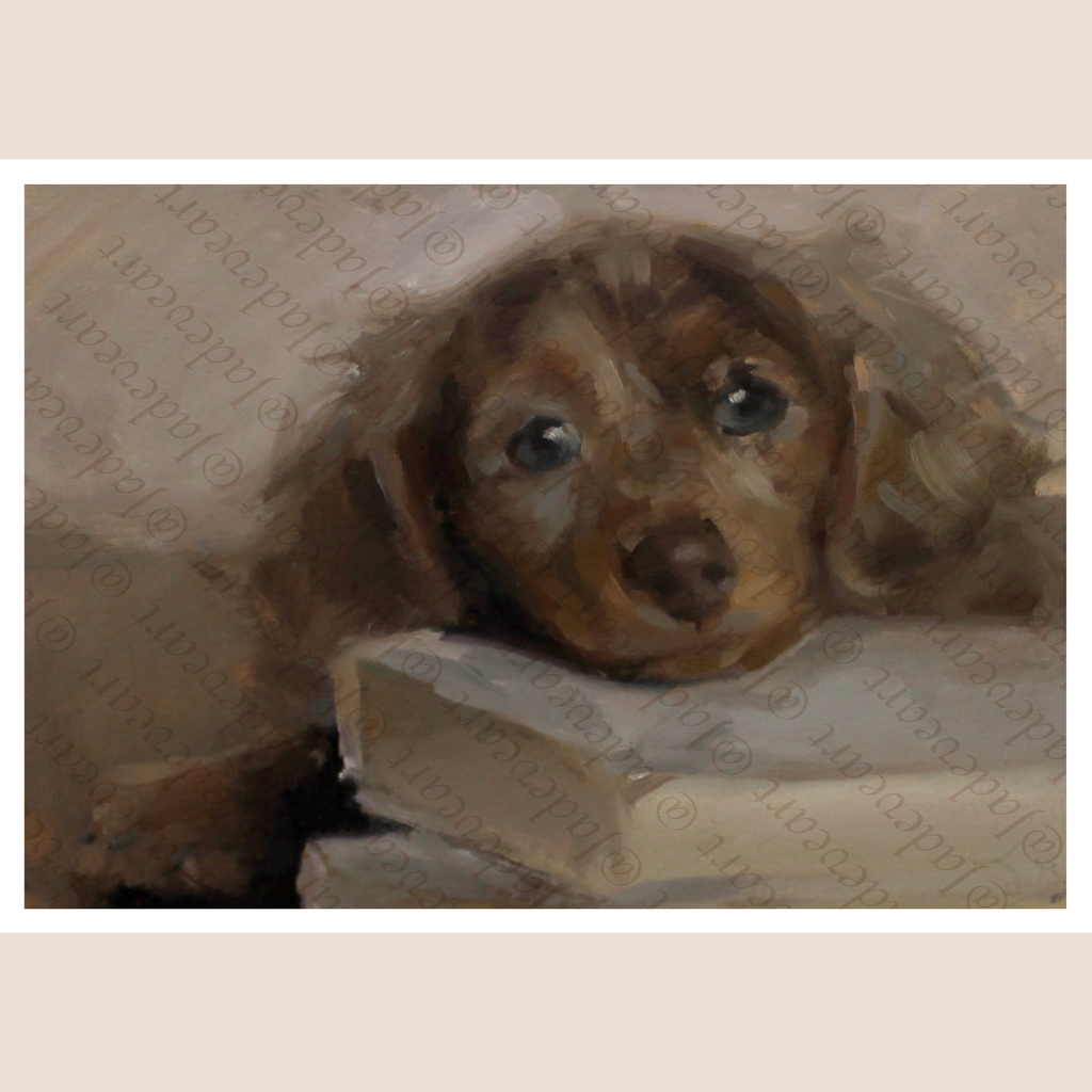 A painted portrait of a brown puppy resting on a bed, shown as an art print centered on a light beige background. The artwork features visible painterly brushstrokes and a repeated watermark pattern across the surface.