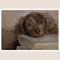 A painted portrait of a brown puppy resting on a bed, shown as an art print centered on a light beige background. The artwork features visible painterly brushstrokes and a repeated watermark pattern across the surface.
