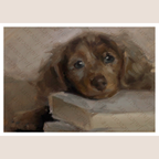 A painted portrait of a brown puppy resting on a bed, shown as an art print centered on a light beige background. The artwork features visible painterly brushstrokes and a repeated watermark pattern across the surface.