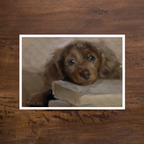 A square art print featuring a painted brown puppy resting on books, displayed on a dark wood background.