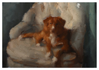 An oil painting of a brown and white dog sitting on a cream-colored armchair, set against a dark teal background. The artwork features visible impasto brushstrokes and is overlaid with a protective watermark.