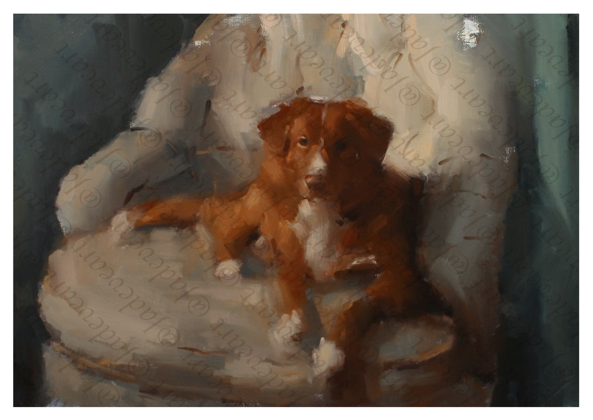 An oil painting of a brown and white dog sitting on a cream-colored armchair, set against a dark teal background. The artwork features visible impasto brushstrokes and is overlaid with a protective watermark.
