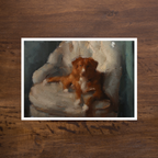 A vertical art print depicting a painted sea otter resting on water, displayed flat on a dark brown wooden surface. The print features a gray-blue water background, a brown and cream-colored otter, and a teal water foreground.
