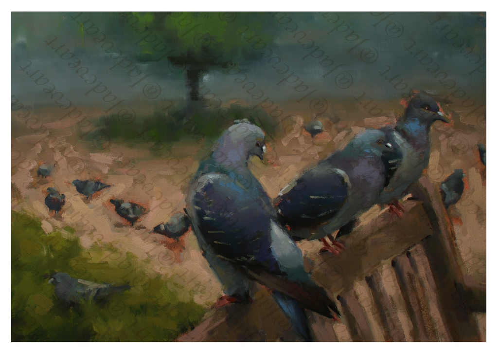 An impressionistic painting of several pigeons perched on a wooden fence, with a soft-focus outdoor background in muted green, brown, and gray tones.