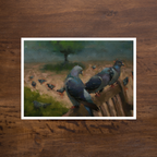 A square art print depicting two pigeons perched on a wooden fence in an outdoor scene, displayed on a dark brown wooden surface.