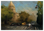 An impressionistic painting of an urban street scene with a large domed building in the background, several cars, a cyclist in the foreground, and trees lining the road. The artwork fills the frame, with a faint repeated watermark pattern visible across the surface.