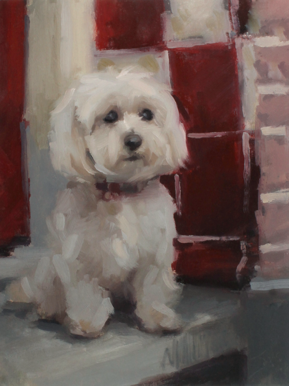 Painting of a small white dog with a red bow tie sitting on a checkered floor.
