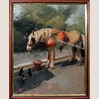 A framed oil painting depicting a light brown horse wearing red harnesses, standing beside a small red bucket on a street with crows in the foreground. The painting is enclosed in a reddish-brown wooden frame with gold-toned inner trim, shown against a light beige background.