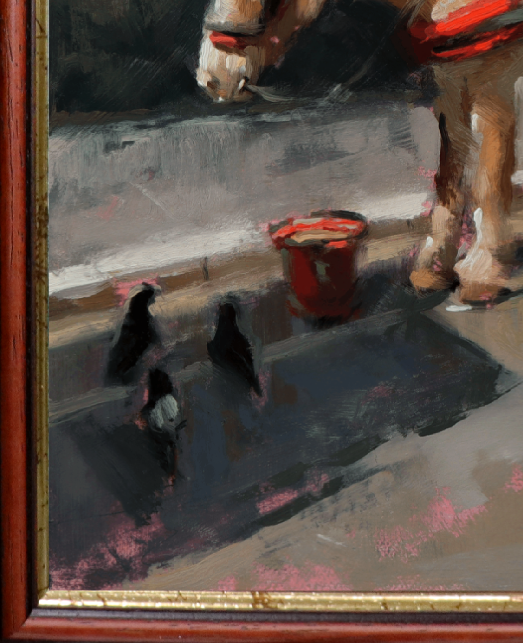 Close-up of a painted scene showing a horse or donkey standing near a red bucket, with several dark birds in the foreground. The artwork is framed by a reddish-brown wooden border with gold-toned inner trim.