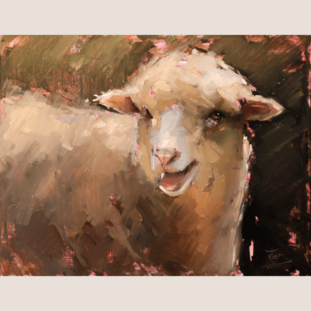 An impressionistic oil painting of a sheep's head and upper body, rendered in warm beige, brown, cream, and pink brushstrokes against a dark brown and black background.