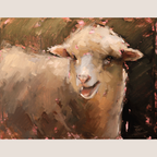 An impressionistic oil painting of a sheep's head and upper body, rendered in warm beige, brown, cream, and pink brushstrokes against a dark brown and black background.