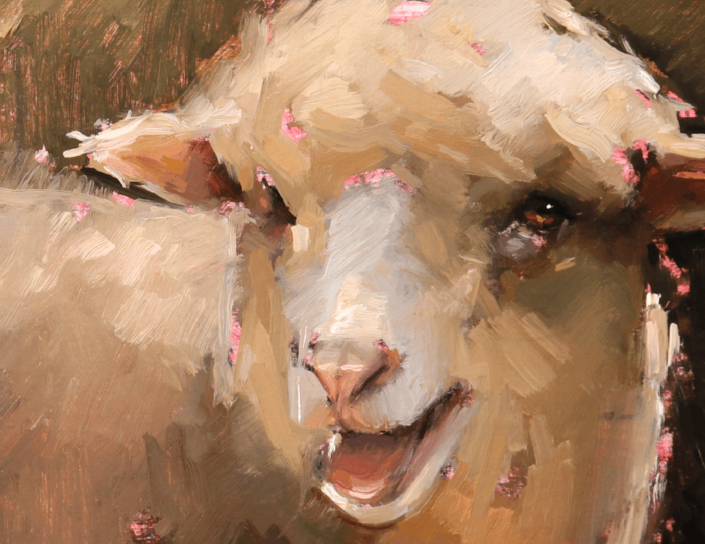 Impressionistic oil painting of a sheep's face, rendered in warm beige, brown, and cream tones with small pink highlights.