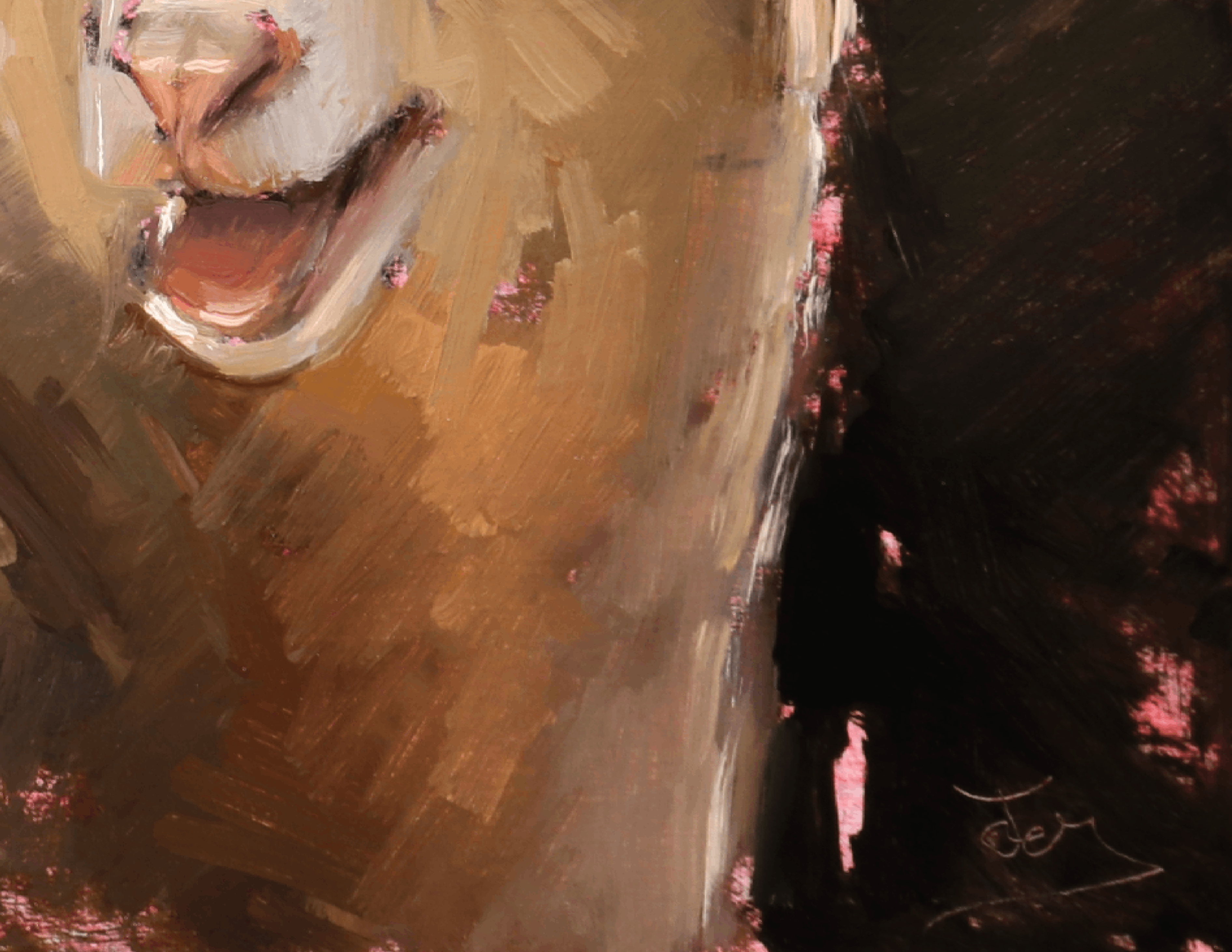 Close-up oil painting of a person's face with expressive brushstrokes in warm brown, beige, black, and small pink accents.