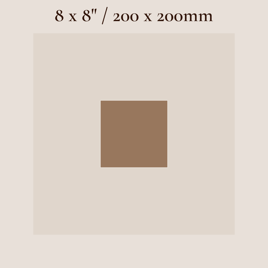 A minimalist size diagram showing a square canvas or print in a warm taupe-beige color, with a centered brown square label reading '8 x 8" / 20 x 20cm' on a light beige background.