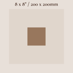 A minimalist size diagram showing a square canvas or print in a warm taupe-beige color, with a centered brown square label reading '8 x 8" / 20 x 20cm' on a light beige background.