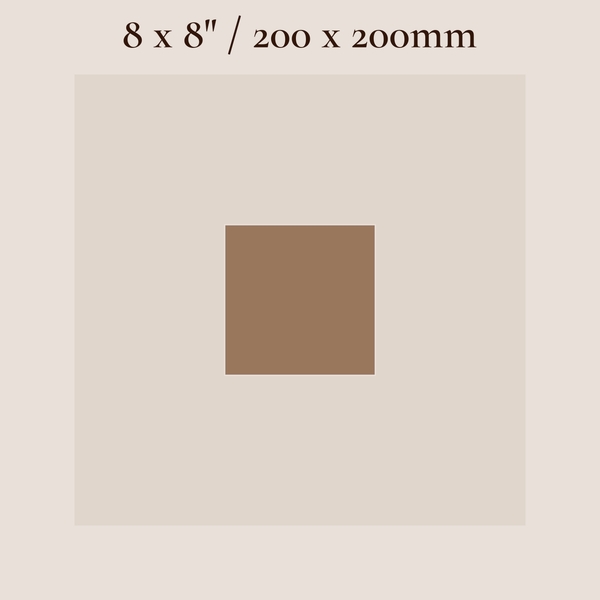 A minimalist size diagram showing a square canvas or print in a warm taupe-beige color, with a centered brown square label reading '8 x 8" / 20 x 20cm' on a light beige background.