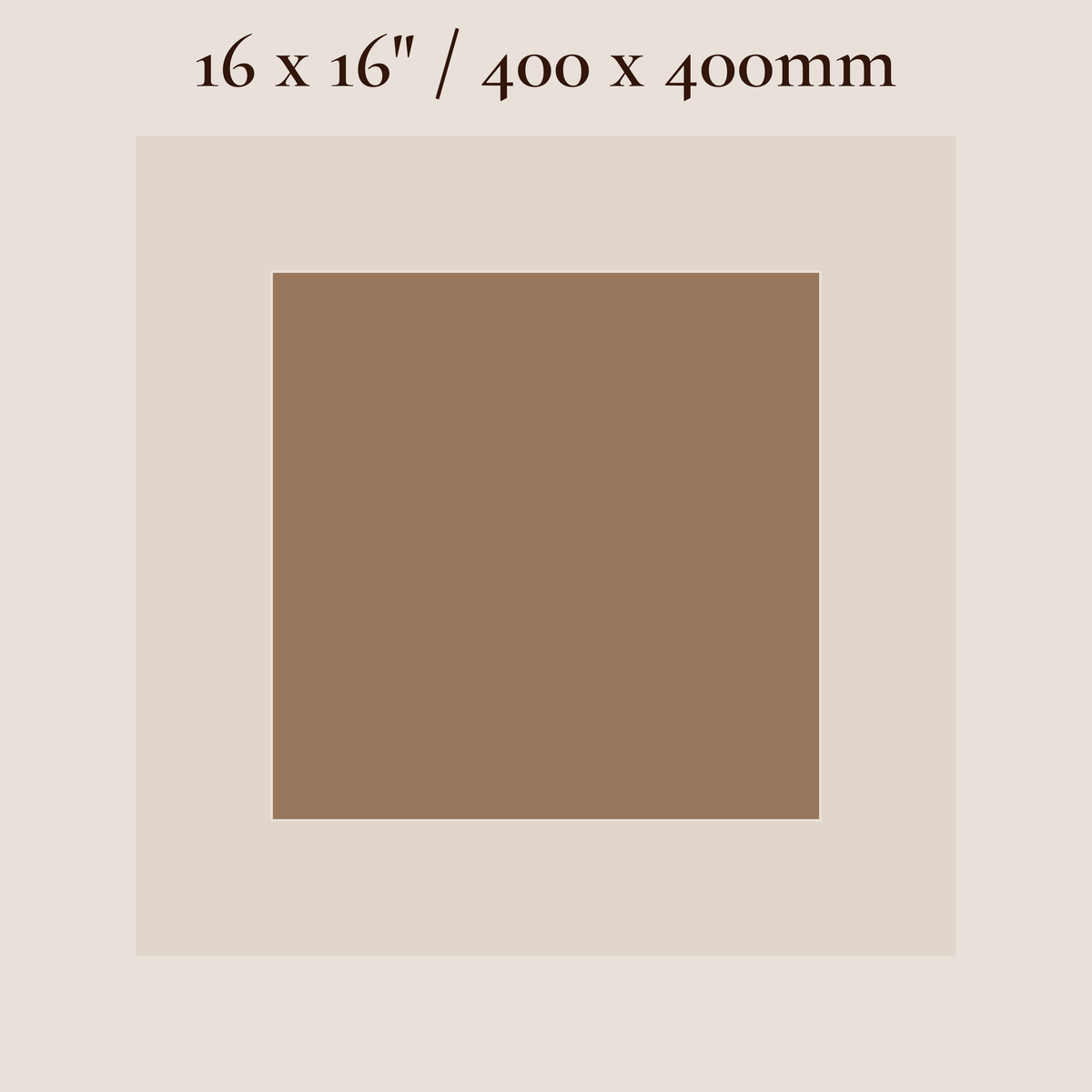 A square color swatch showing a warm medium brown centered on a light beige background, with text at the top reading “16 x 16” / 400 x 400mm.”.