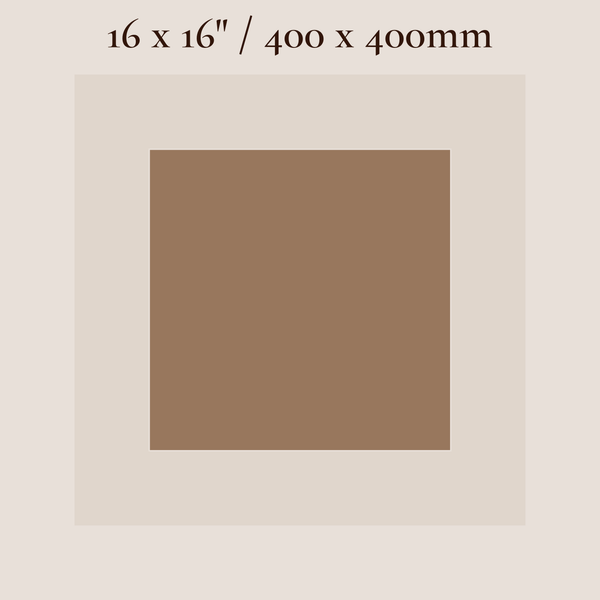A square color swatch showing a warm medium brown centered on a light beige background, with text at the top reading “16 x 16” / 400 x 400mm.”.