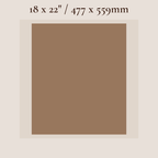 A square color swatch showing a solid medium brown color, with text at the top indicating dimensions of 18 x 22 inches or 477 x 559 mm, on a light beige background.