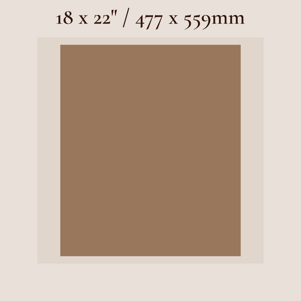 A square color swatch showing a solid medium brown color, with text at the top indicating dimensions of 18 x 22 inches or 477 x 559 mm, on a light beige background.