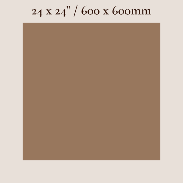 A square color swatch in a warm medium brown tone centered on a light beige background, with text at the top reading “24 x 24” / 600 x 600mm.”.