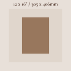 A color swatch graphic showing a centered square in warm medium brown on a light beige background, with text at the top reading “12 x 16” / 305 x 406mm.”.