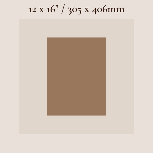 A color swatch graphic showing a centered square in warm medium brown on a light beige background, with text at the top reading “12 x 16” / 305 x 406mm.”.