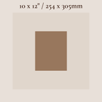 A color swatch graphic showing a centered square in a warm medium brown shade, surrounded by a light beige field with text at the top reading 10 x 12" / 254 x 305mm.