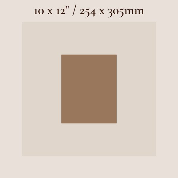 A color swatch graphic showing a centered square in a warm medium brown shade, surrounded by a light beige field with text at the top reading 10 x 12" / 254 x 305mm.