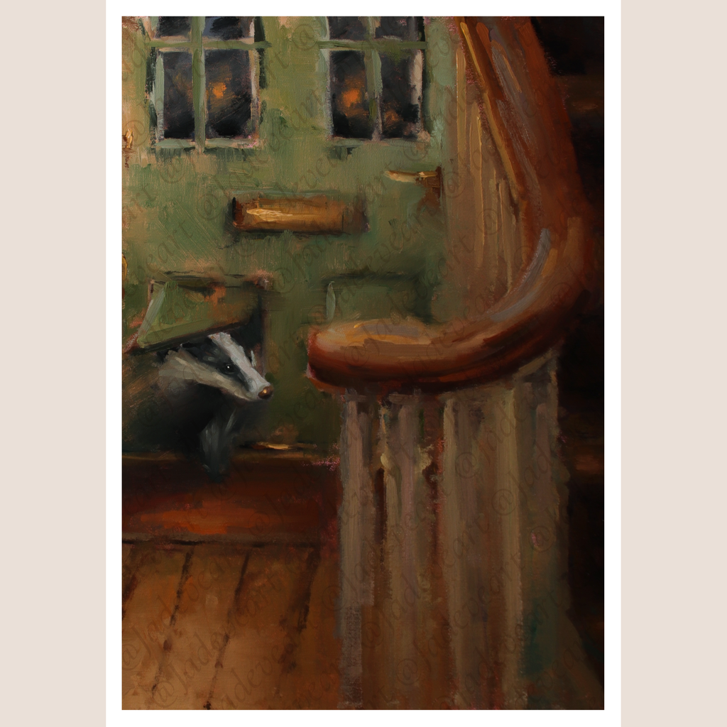 An impressionistic oil painting of a person sitting on a bench in a park, with green trees in the background. The artwork is presented on a light beige background with a faint watermark overlay.