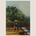 An impressionistic oil painting of a person sitting on a bench in a park, with green trees in the background. The artwork is presented on a light beige background with a faint watermark overlay.