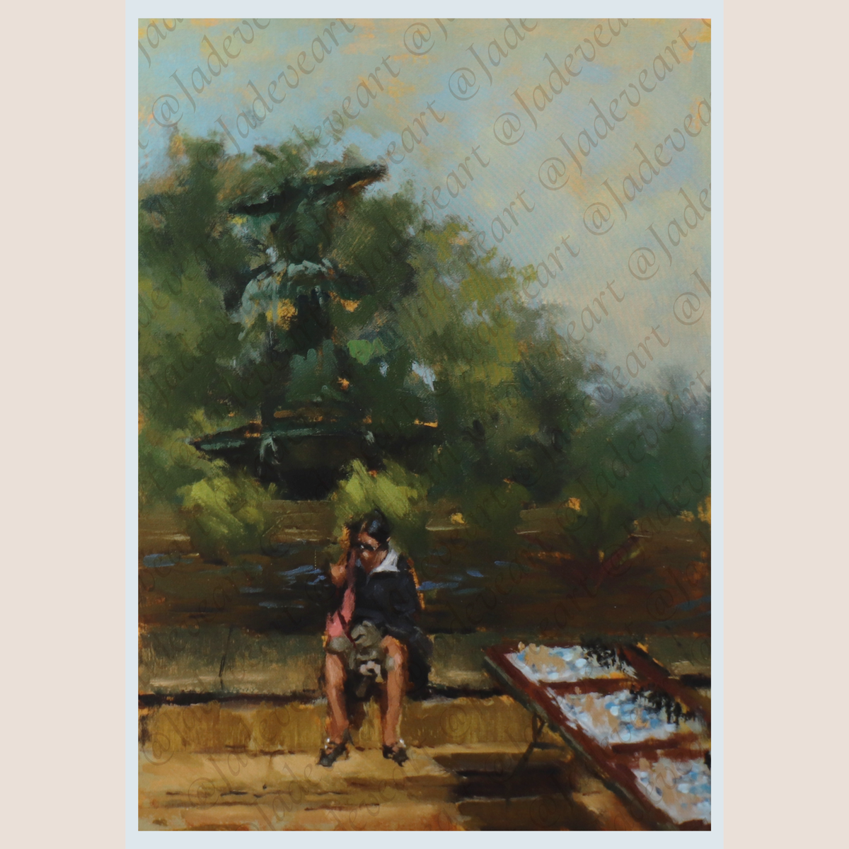 An impressionistic oil painting of a person sitting on a bench in a park, with green trees in the background. The artwork is presented on a light beige background with a faint watermark overlay.