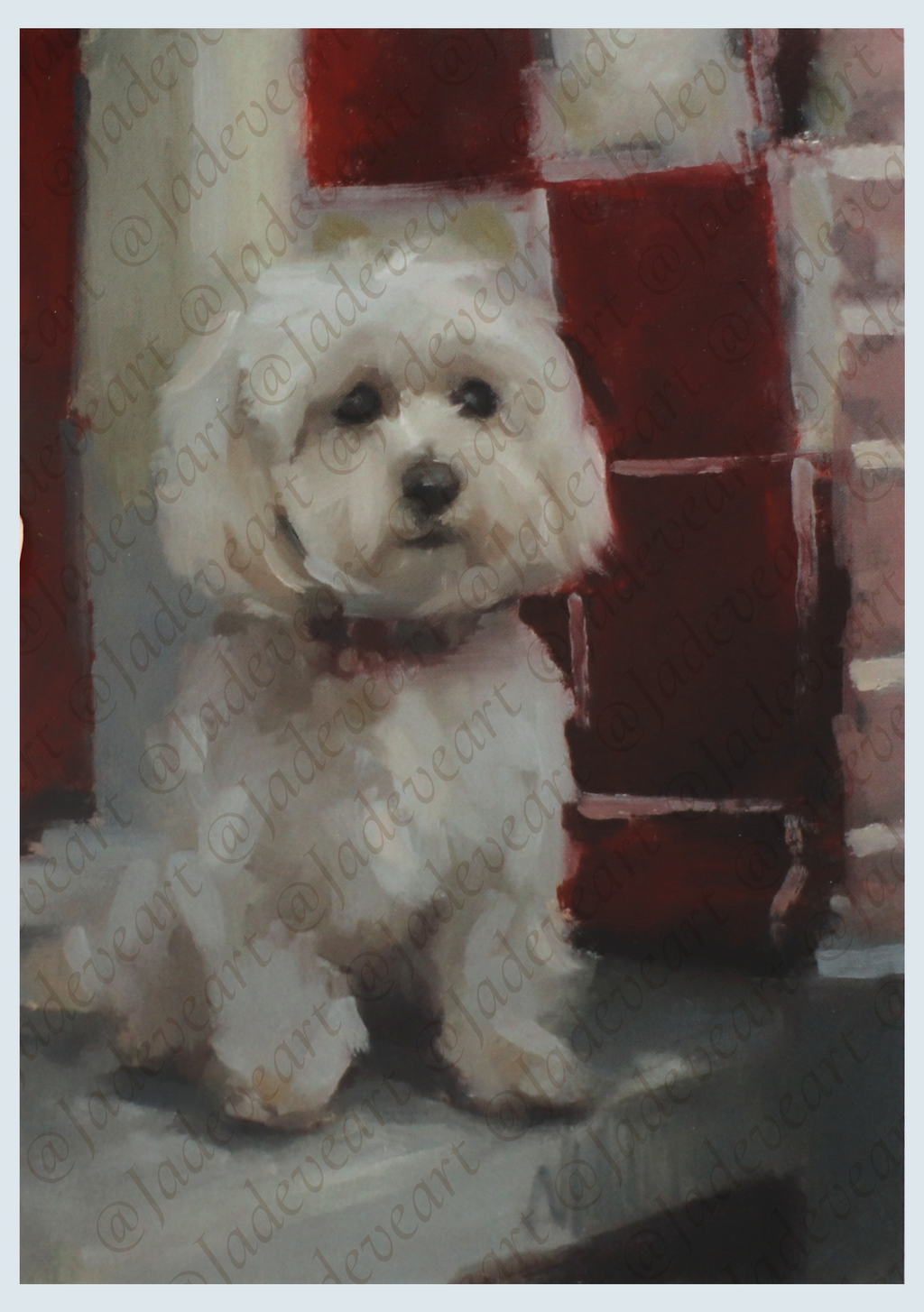 An oil painting of a small white fluffy dog, likely a Maltese, sitting in front of a red brick wall. The painting has a textured impasto brushstroke style, with a watermark overlay reading '@jadcoart'.