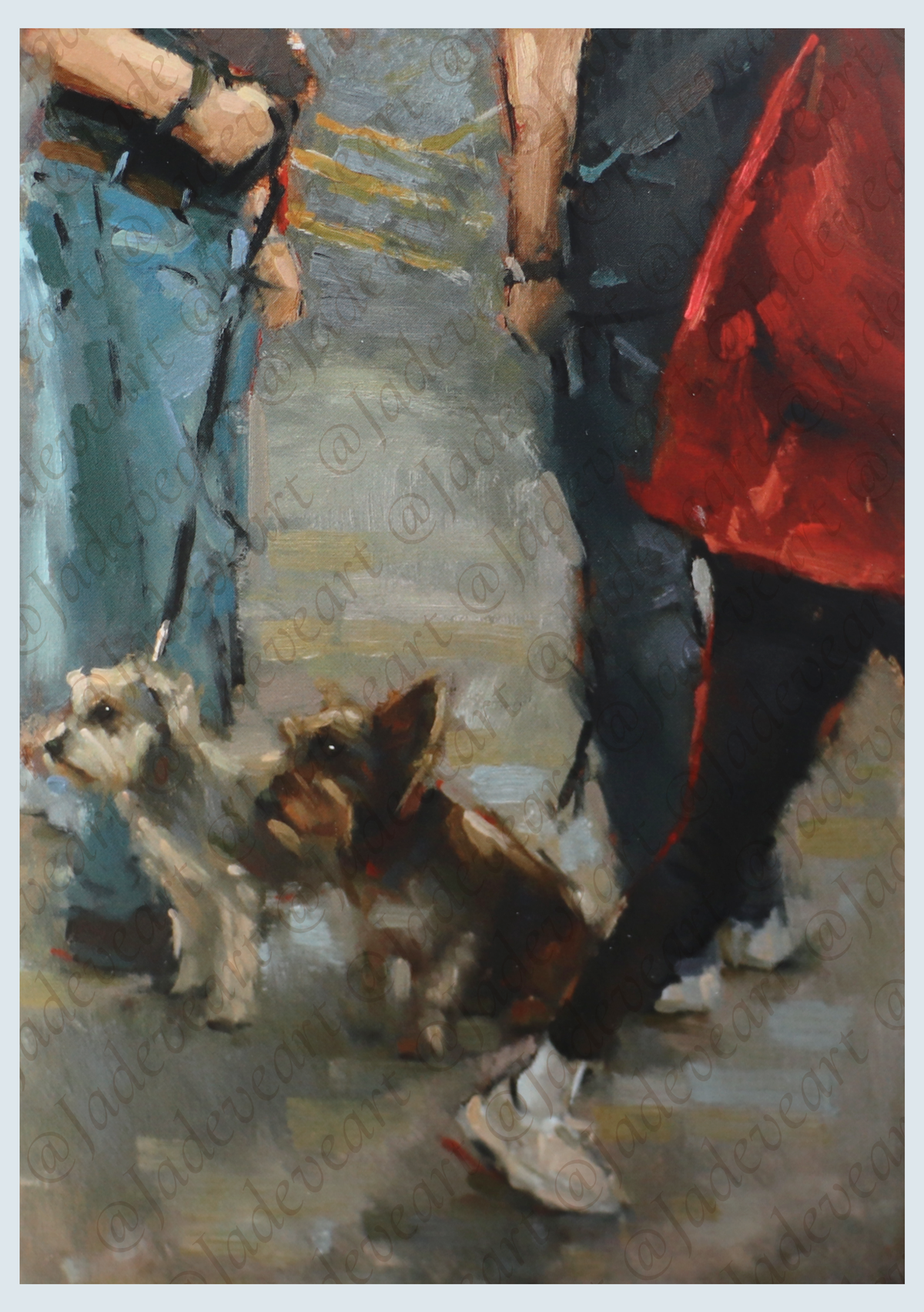 An impressionistic painting of two people walking dogs on a city street, with visible brushstrokes and a gray pavement background.