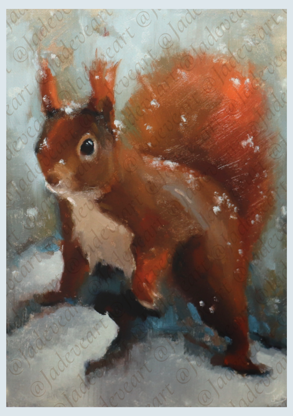 A painted depiction of a red squirrel standing in snow, with a soft brushstroke style and visible watermark text across the artwork.