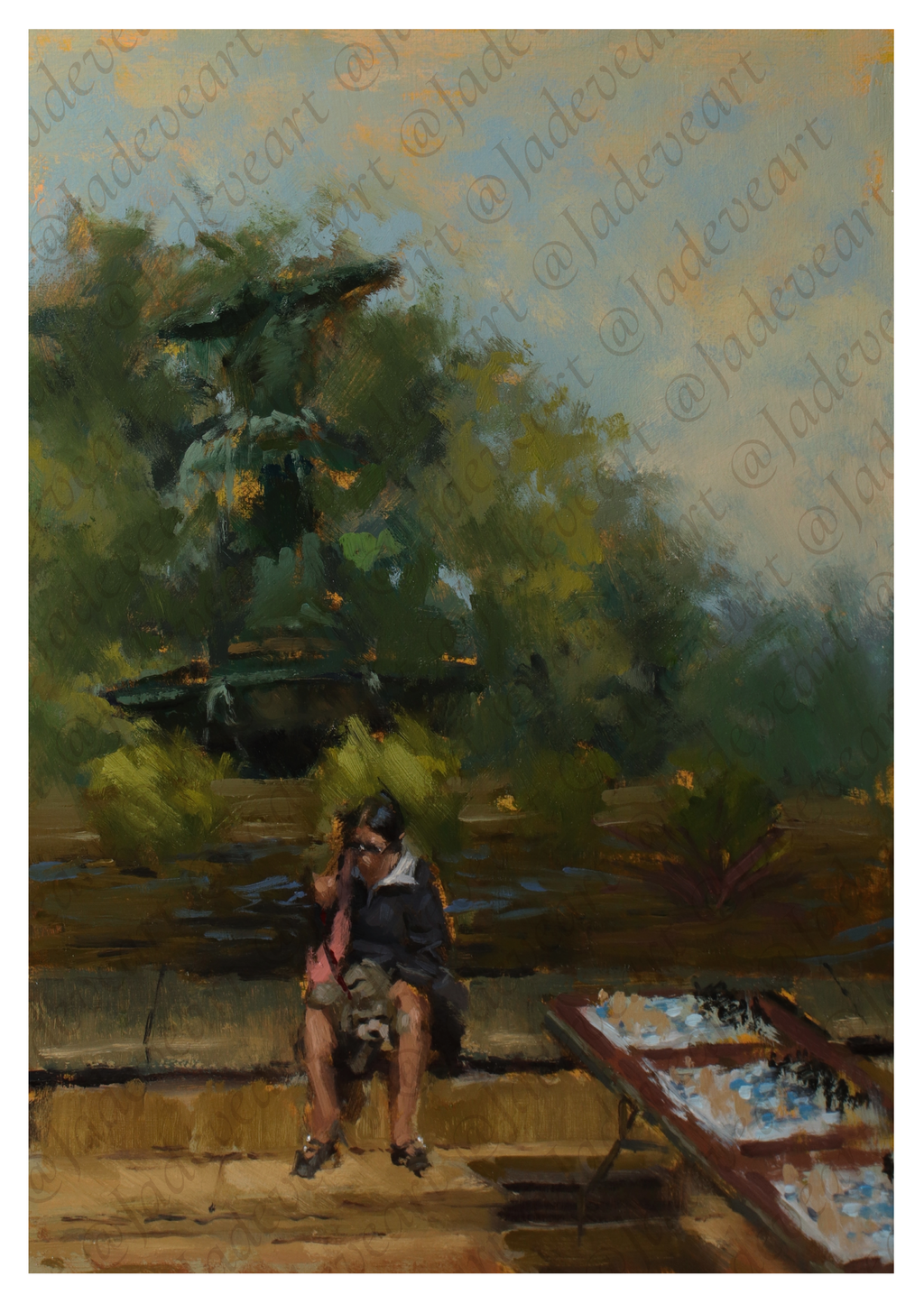 An oil painting depicting a badger peeking out from a green door with a wooden banister in the foreground, rendered in warm earthy tones of brown, green, and black.