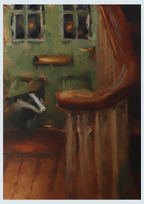 An oil painting depicting a badger peeking out from a green door with a wooden banister in the foreground, rendered in warm earthy tones of brown, green, and black.