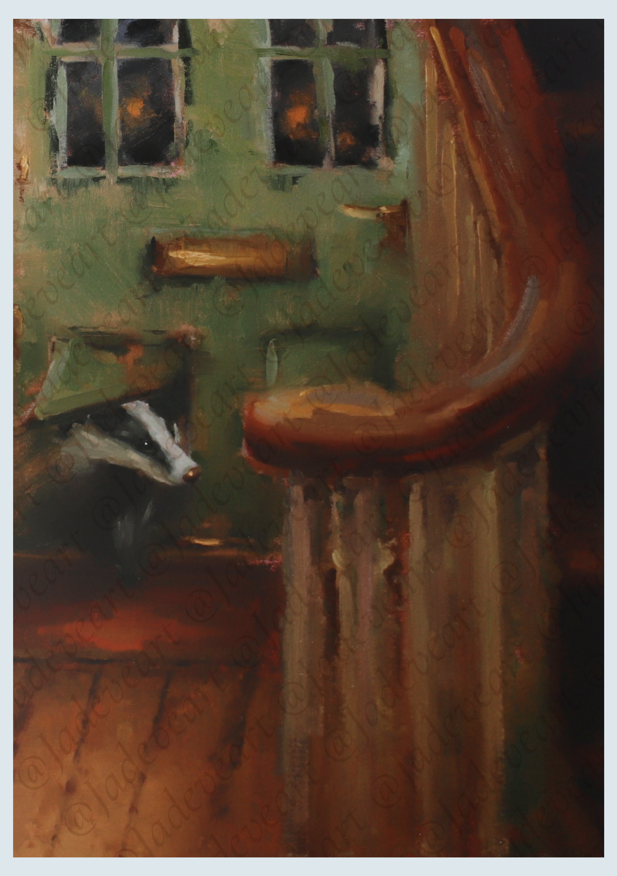 An oil painting depicting a badger peeking out from a green door with a wooden banister in the foreground, rendered in warm earthy tones of brown, green, and black.