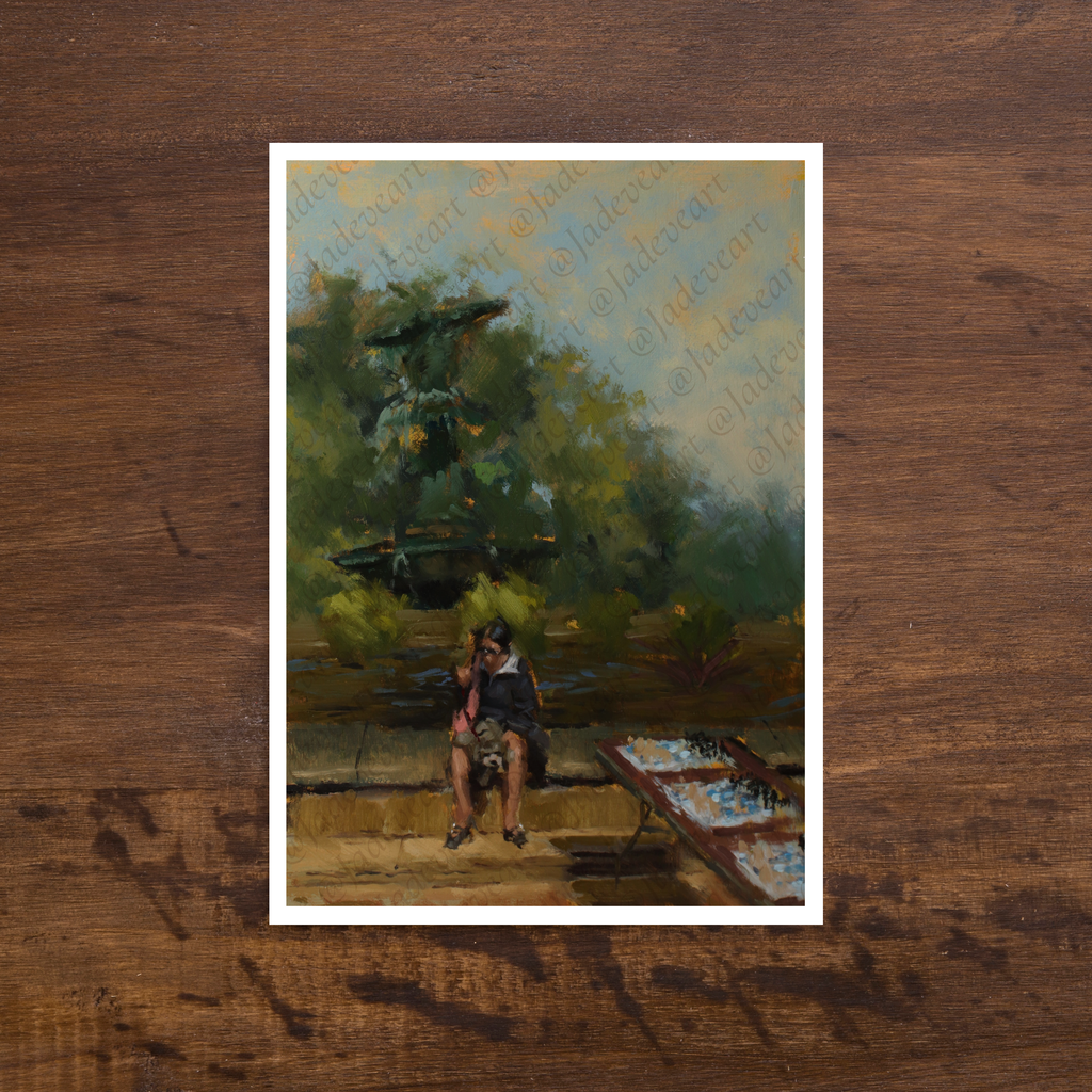 An oil painting of a young brown and black puppy looking directly forward, set against a textured gray and blue background. The artwork is signed by the artist, Ladro Cart, in the bottom right corner.