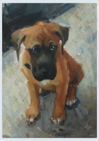 An oil painting of a young brown and black puppy looking directly forward, set against a textured gray and blue background. The artwork is signed by the artist, Ladro Cart, in the bottom right corner.