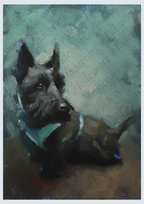 An oil painting portrait of a black Scottish Terrier dog wearing a teal bandana, set against a textured teal and brown background. The artwork features visible painterly brushstrokes and protective watermarks across the canvas.