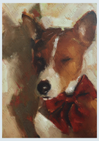 An oil painting of a brown and white dog wearing a red bow tie, with visible painterly brushstrokes and a warm beige background.