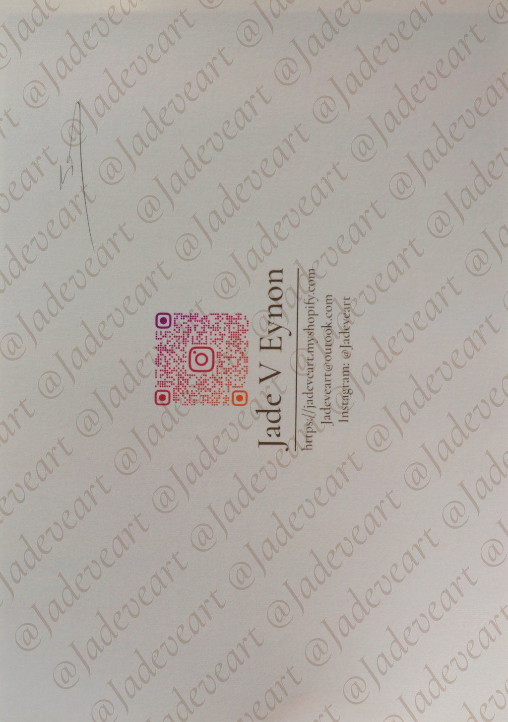 A close-up of a white printed card or label with a small QR code, the name 'Jade V Eynon' in vertical text, and repeated diagonal 'Jadevcart' watermarks across the surface.