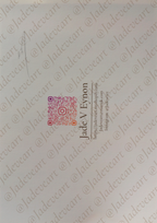 A close-up of a white printed card or label with a small QR code, the name 'Jade V Eynon' in vertical text, and repeated diagonal 'Jadevcart' watermarks across the surface.