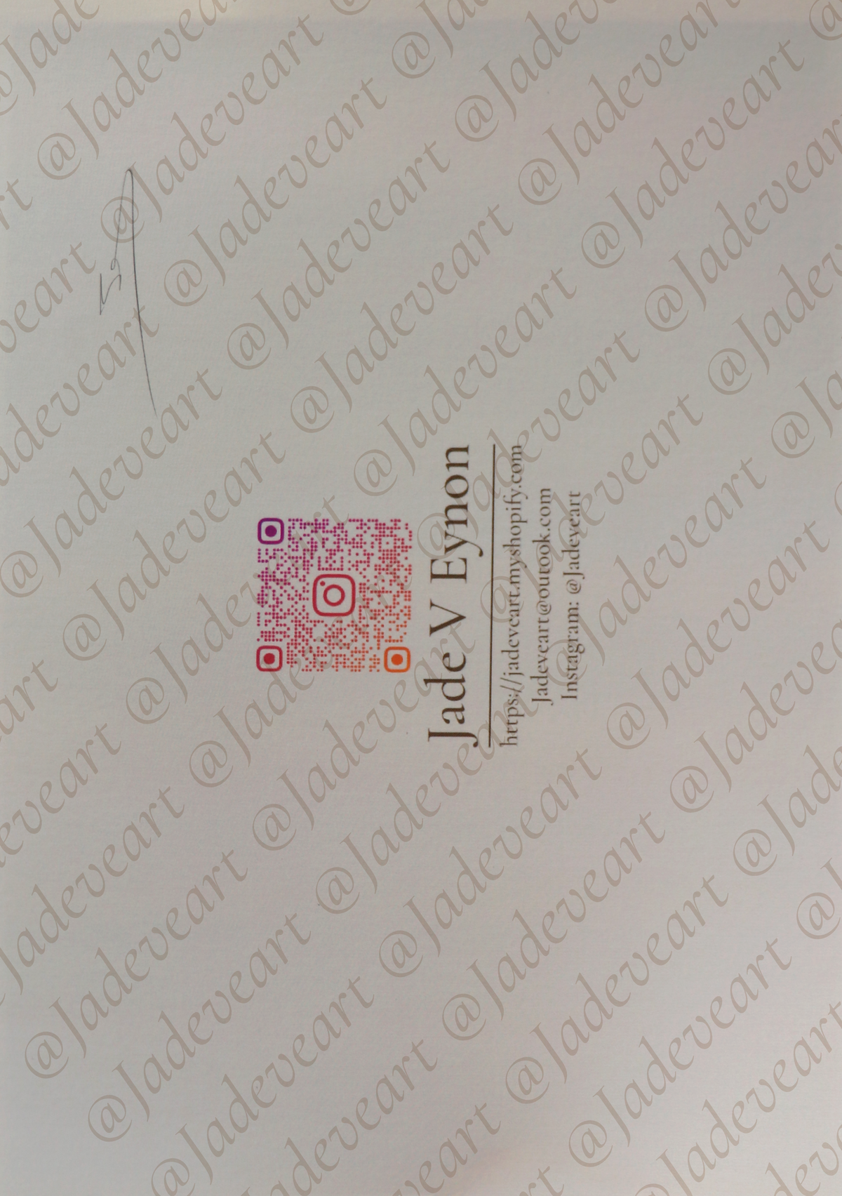 A close-up of a white printed card or label with a small QR code, the name 'Jade V Eynon' in vertical text, and repeated diagonal 'Jadevcart' watermarks across the surface.